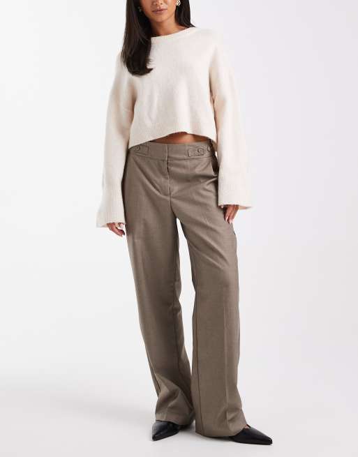 Vero Moda – Beige, melerade, figursydda byxor med vida ben, veck framtill och justerbar knappmidja, 3 av 5