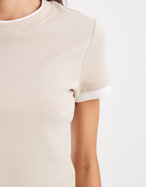 Vero Moda – Beige och vit t-shirt i två lager med kantrand, 3 av 4