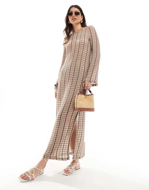 Vero Moda – Beige virkad strandklänning i maxilängd