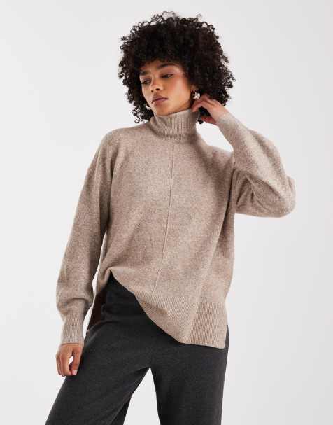 Vero Moda – Beigemelerad, stickad tröja med polokrage och volymärmar - view 1