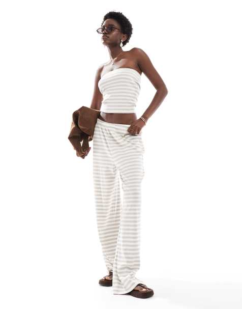 Vero Moda – Beigerandigt, ribbat set i jersey med tubtopp och byxor - view 1