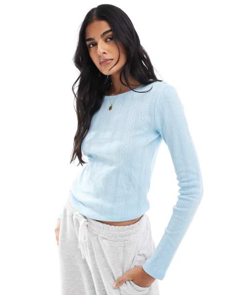 Vero Moda – Błękitny top z długim rękawem z dzianiny pointelle - view 1