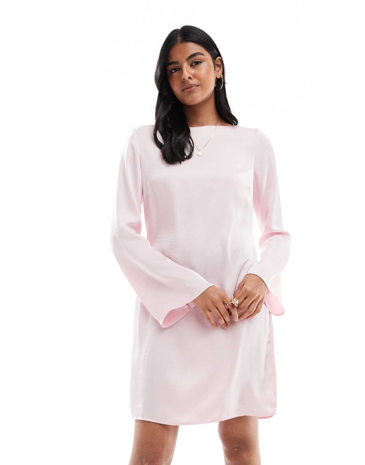 Vero Moda bell sleeve satin mini dress in blossom pink