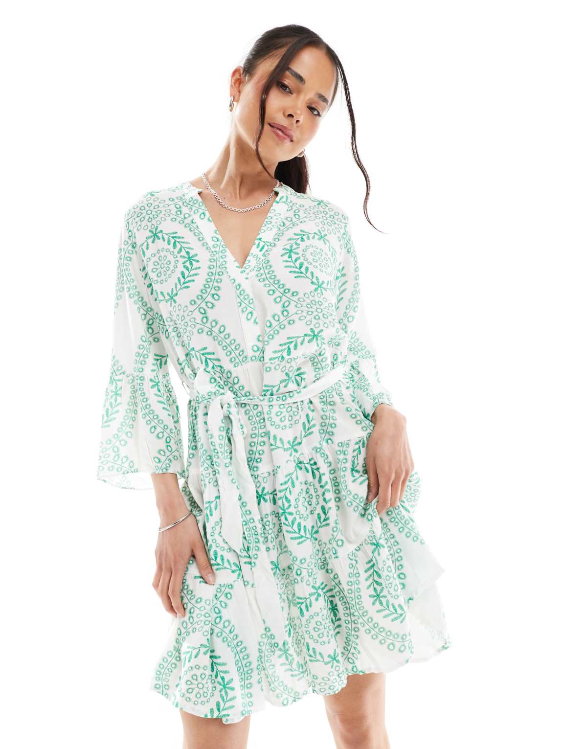 Vero Moda belted fluted sleeve dress in green floral tile print