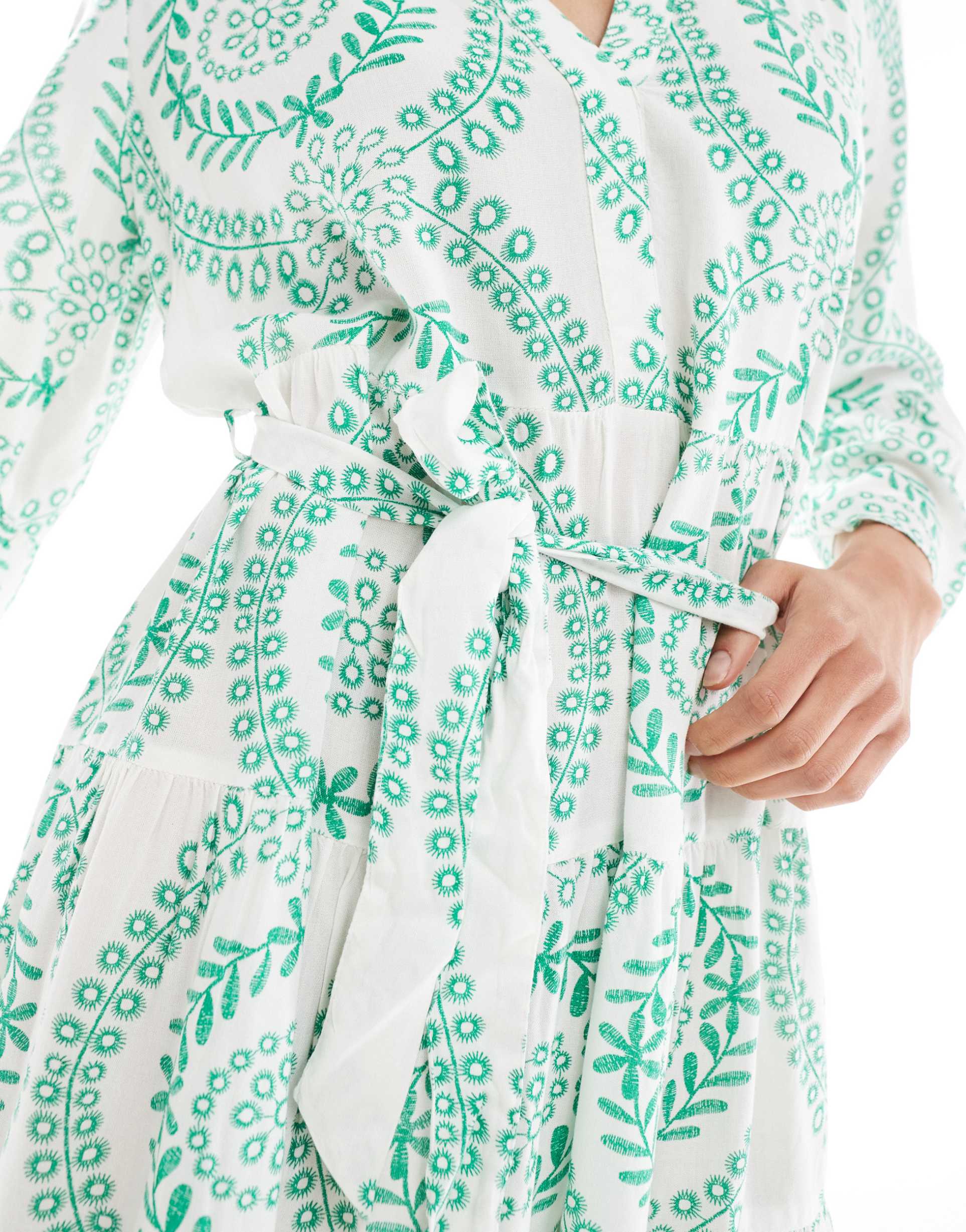 vero moda belted fluted sleeve dress in green floral tile print