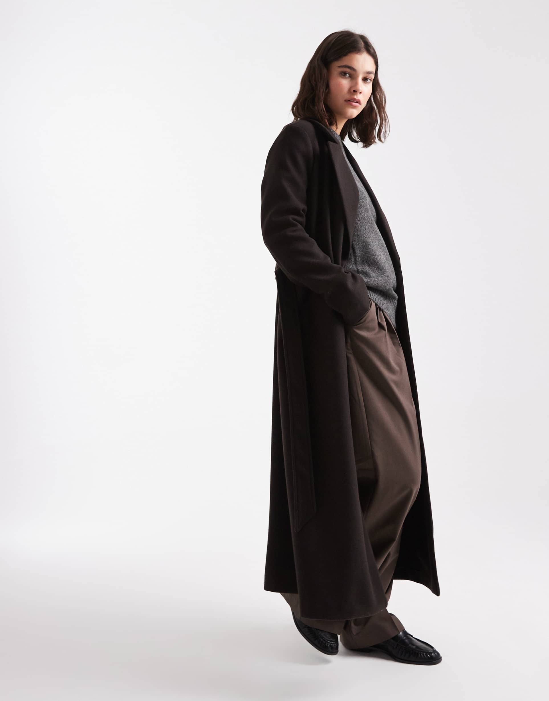 vero moda belted formal maxi coat in chocolate brown