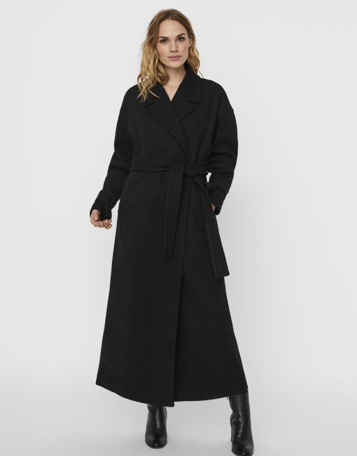 Vero Moda belted maxi tailored coat in black | ASOS