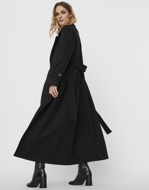 Vero Moda belted maxi tailored coat in black