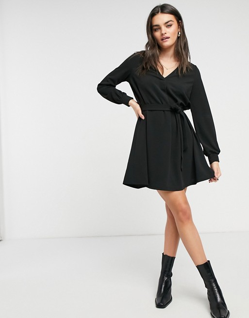 Vero moda belted mini dress with v neck in black