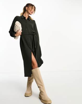 Vero Moda Belted Shirt Maxi Dress In Khaki-green