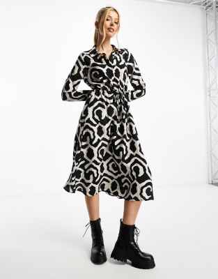 Vero Moda Belted Shirt Maxi Dress In Mono Geo Print-black