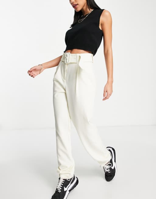 Vero Moda belted waist tailored trousers in cream