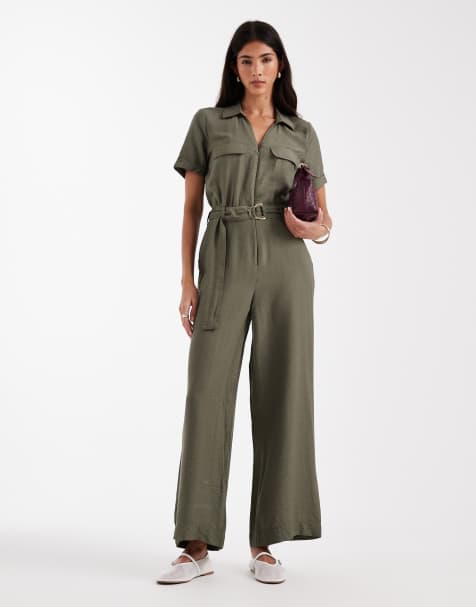 Vero Moda belted waist utility pocket jumpsuit in olive green - view 1