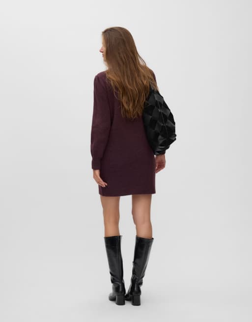Vero Moda Besti ribbed crew neck long sleeve mini dress in red, 2 of 5