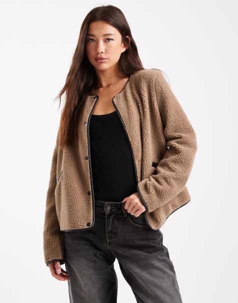 Vero Moda lightweight contrast teddy jacket in beige