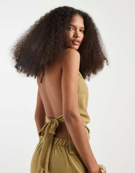 Vero Moda – Beżowozielony top o lnianym wyglądzie z drapowanym dekoltem typu halter, część zestawu - view 1