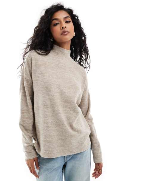 Vero Moda high neck oversized jersey top in beige melange