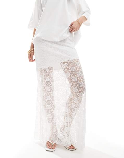 Vero Moda lined lace hanky hem midi skirt in white