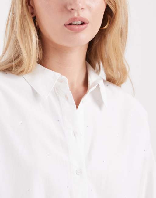 Vero Moda – Biała sztywna koszula oversize zdobiona strasami na całej powierzchni, 3 z 4