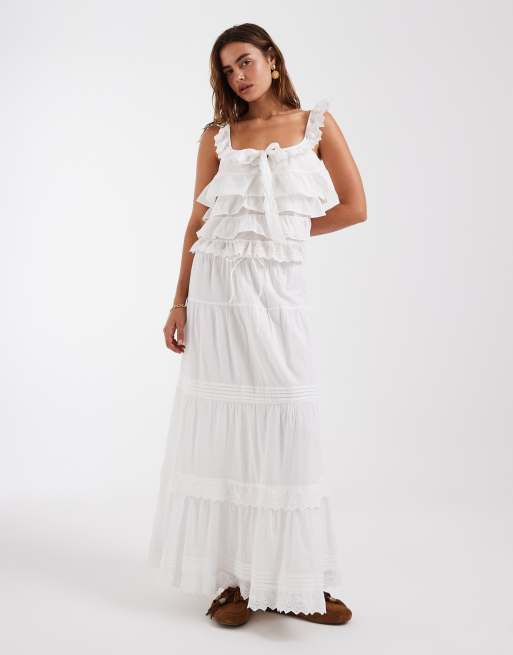 Vero Moda – Biały warstwowy zestaw w stylu boho z falbanką i koronką: top na ramiączkach i spódnica maxi, 2 z 3