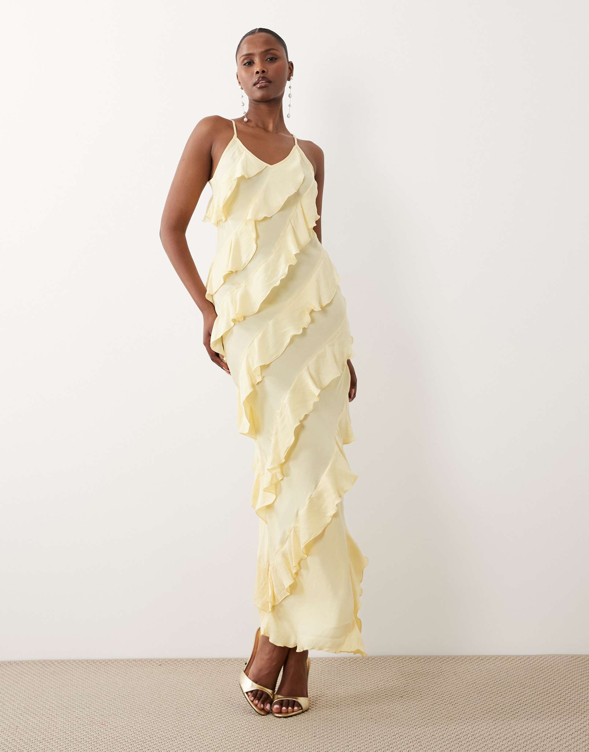 vero moda bias cut ruffle cami maxi dress in pale yellow