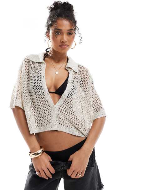 Vero Moda – Björkvit, hålstickad strandskjorta med paljetter - view 1