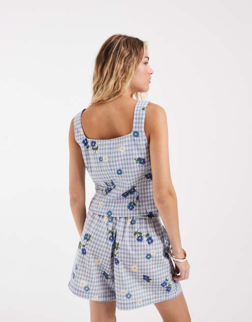 Vero Moda – Blå, blommig och ginghamrutig topp med fyrkantig halsringning, del av set, 4 av 4