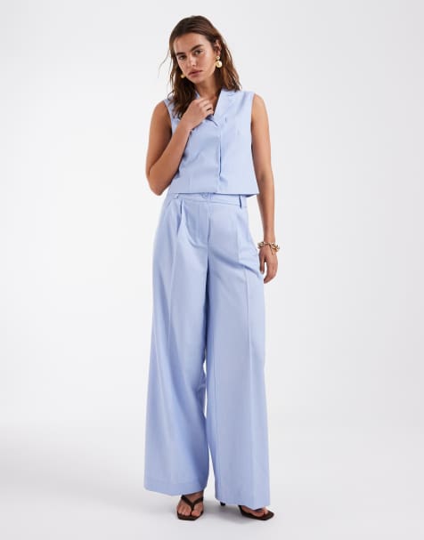 Vero Moda – Blå, figursydda byxor med vida ben och veck framtill, del av set - view 1