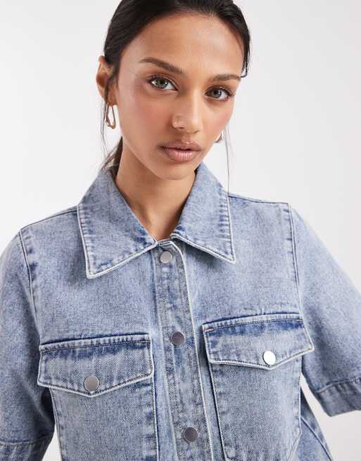 Vero Moda – Blå jeansskjorta i boxig passform med ljus tvätt och korta ärmar, 3 av 4