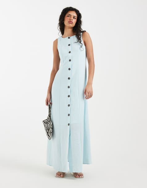 Vero Moda - Blå maxikjole i hørlook med knapper foran - view 1