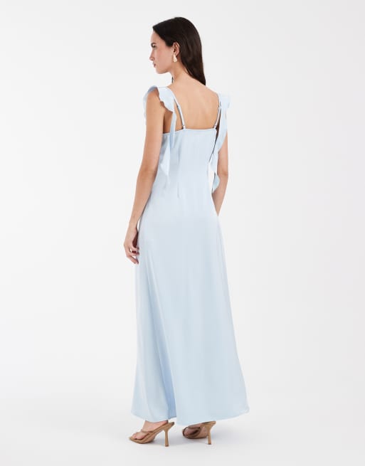 Vero Moda – Blå maxiklänning i satin med draperad ringning och draperad volang, 4 av 4