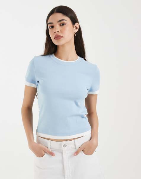 Vero Moda – Blå och vit t-shirt i två lager med kantrand - view 1