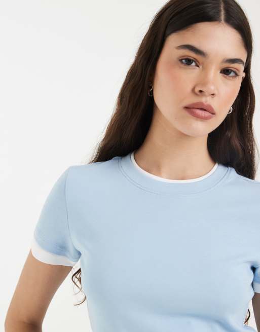 Vero Moda – Blå och vit t-shirt i två lager med kantrand, 2 av 4