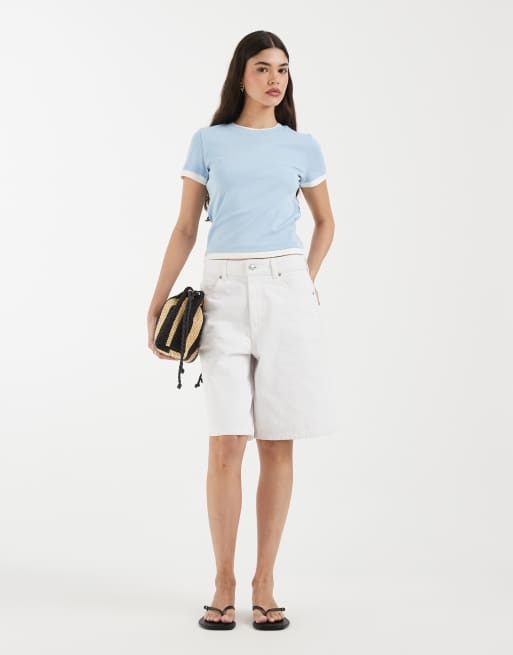 Vero Moda – Blå och vit t-shirt i två lager med kantrand, 4 av 4