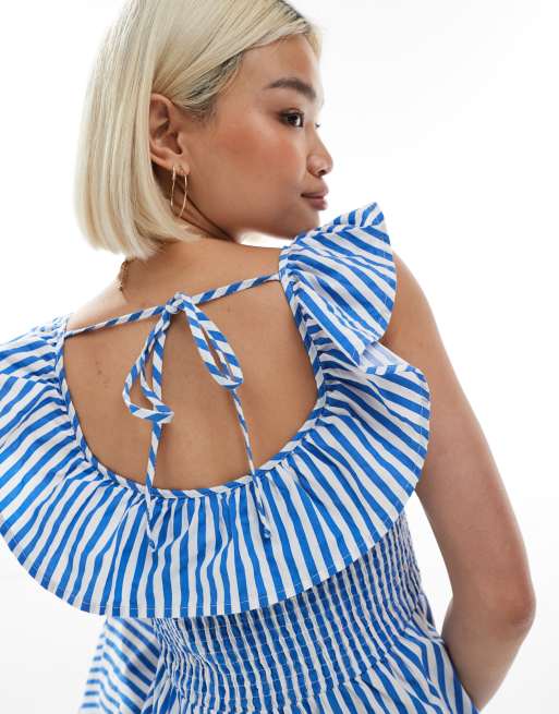 Vero Moda – Blå och vitrandig maxiklänning med smockat liv och volangärm, 2 av 4