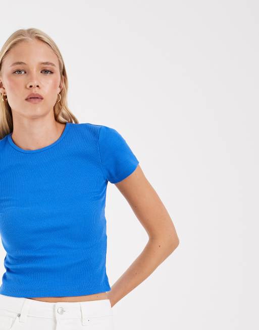 Vero Moda - Blå ribstrikket T-shirt med rund hals, 4 af 4