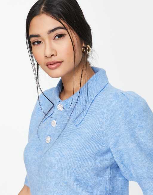 Vero Moda – Blå, stickad pikétröja med puffärmar och dekorativa knappar, 3 av 4