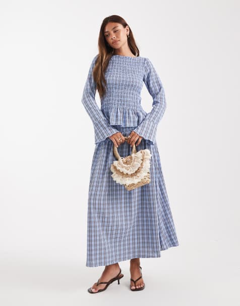 Vero Moda – Blått och brunrutigt set med smockad topp och maxikjol - view 1