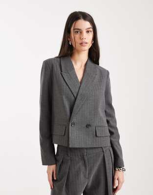 Blazer court oversize d'ensemble habillé à chevrons - Gris moyen 38