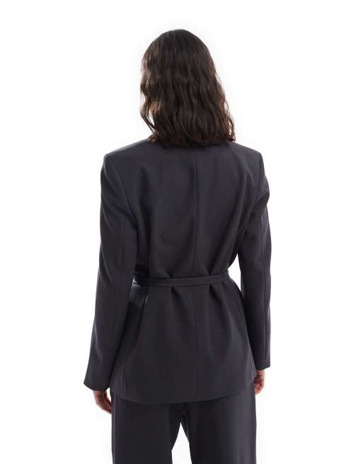 Vero Moda - Blazer doppiopetto allacciato in vita grigio scuro in coordinato, 2 di 4