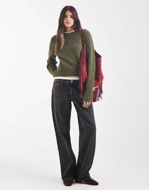 Vero Moda blød fluffy striktrøje med rund hals i mosgrøn, 2 af 4