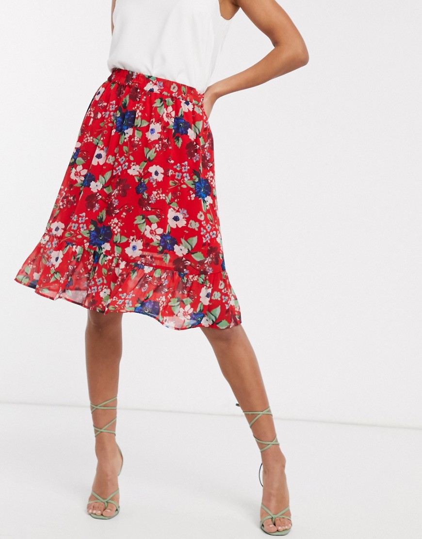 Vero Moda – Blommig indragen kjol-Röd