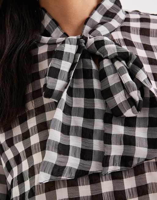 Vero Moda - Blouse met gestrikte hals, gingham ruit en gelaagde manchetten in zwart en wit, 2 van 4