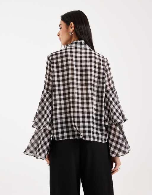Vero Moda - Blouse met gestrikte hals, gingham ruit en gelaagde manchetten in zwart en wit, 3 van 4