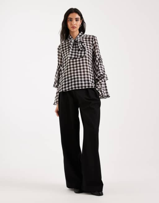 Vero Moda - Blouse met gestrikte hals, gingham ruit en gelaagde manchetten in zwart en wit, 4 van 4