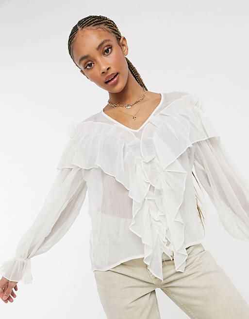 Vero Moda blouse with frill detail in natural