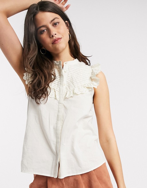 Vero Moda blouse with high neck and broderie sleeve detail in cream
