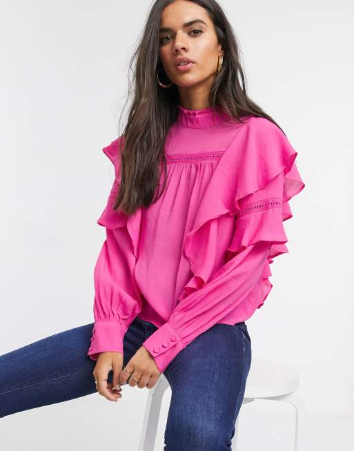 Vero Moda blouse with high neck and ruffle in pink | ASOS