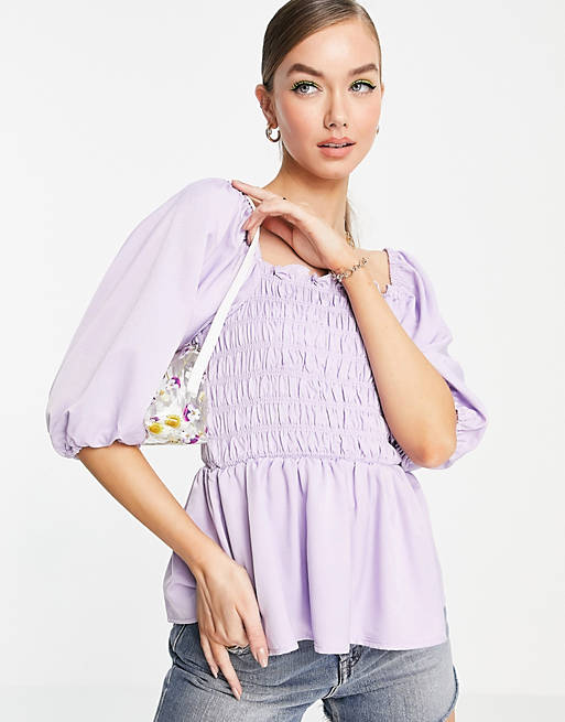 Vero Moda blouse with shirring detail and volume sleeves in lilac