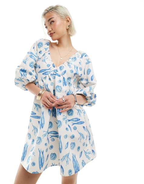 Vero Moda blouson sleeve mini dress in blue sealife print - view 1